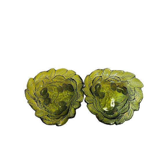 Vintage Loganberry Olive Green Dish Indiana Glass Co. Bowl Candy Dish Set of 2 - Picture 3 of 10